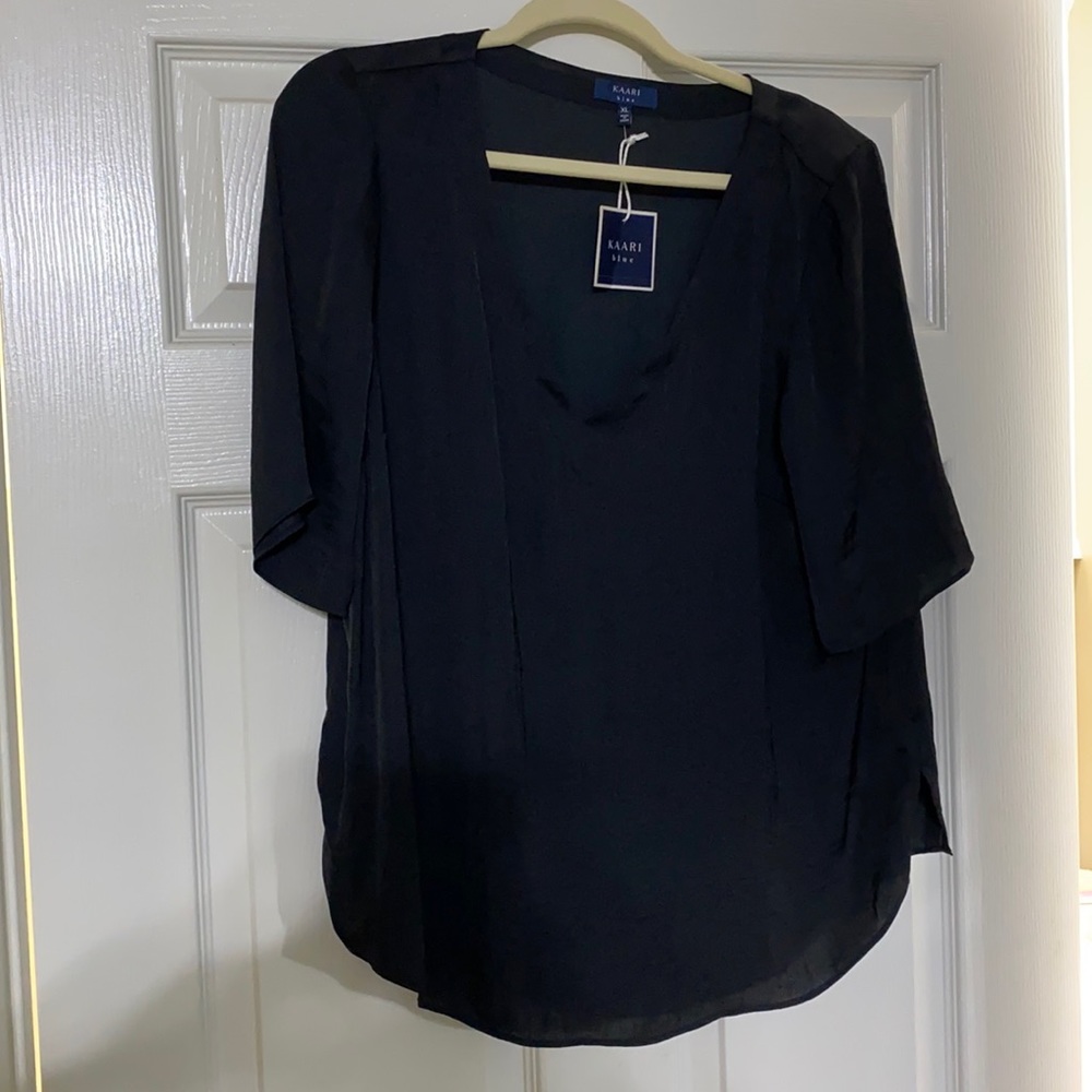 Kaari blue satin/silk black shirt sleeve blouse